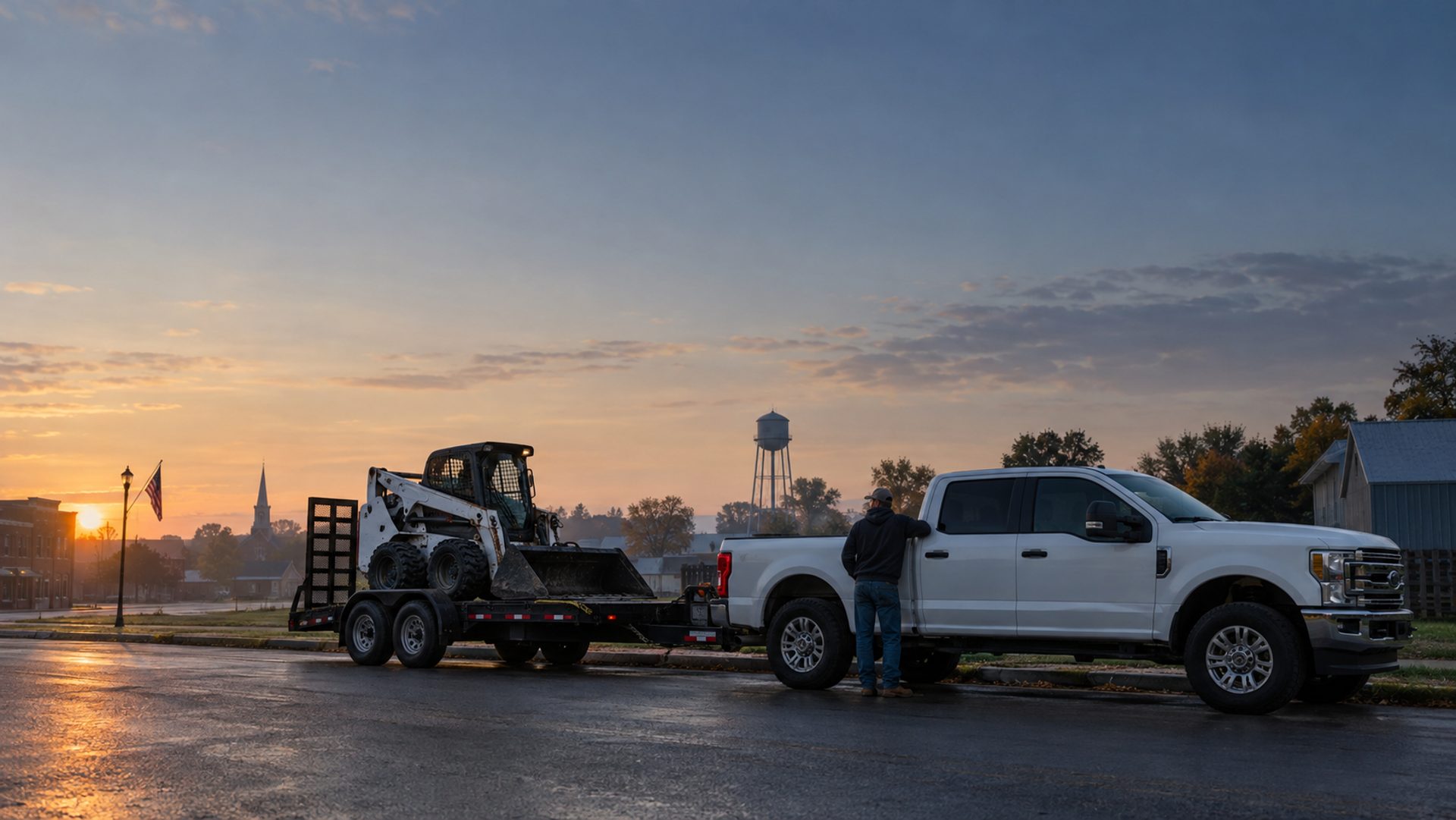 Tradesman beside a new work truck and trailer at sunrise
