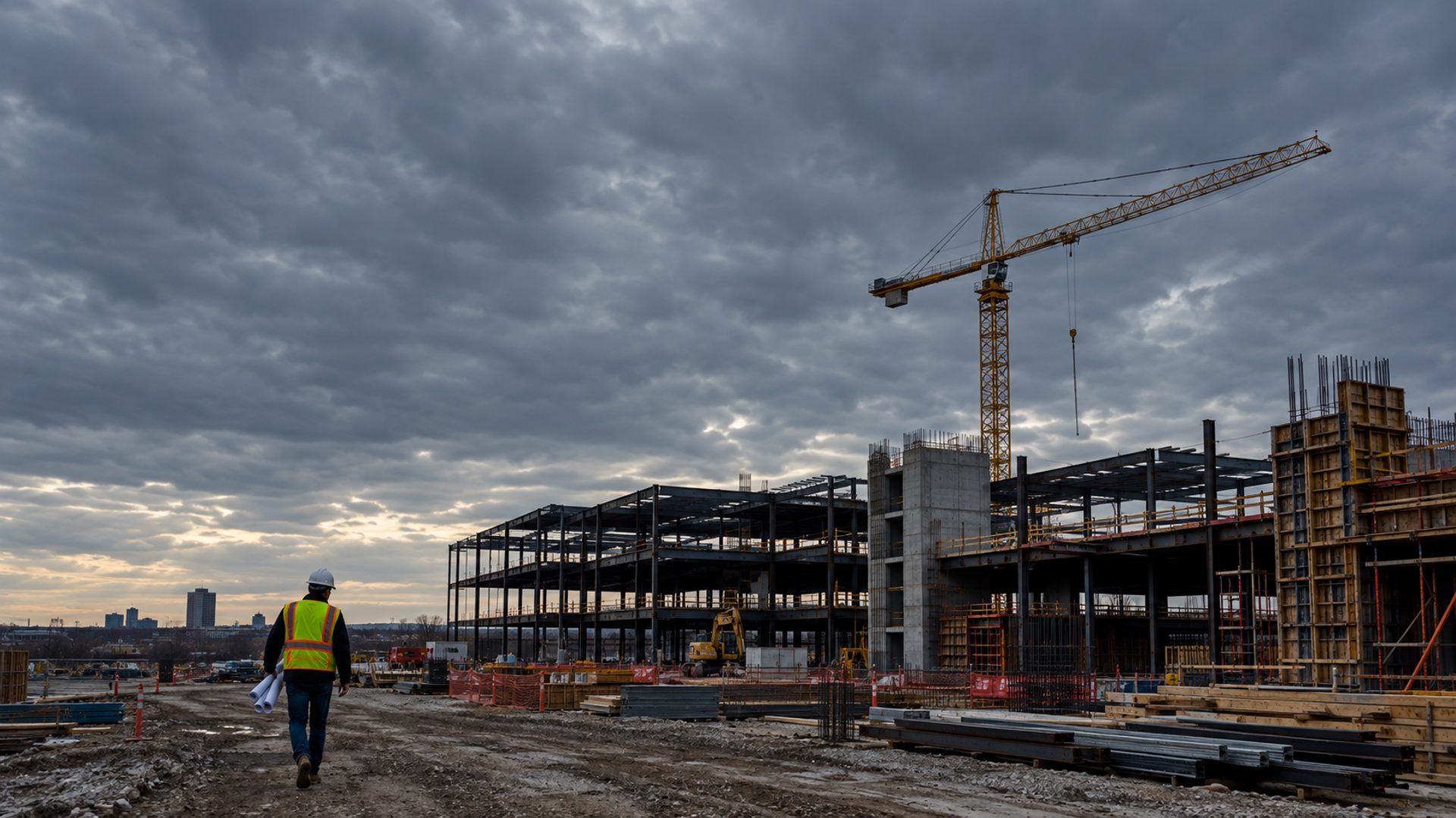 Project manager walking a large commercial construction site