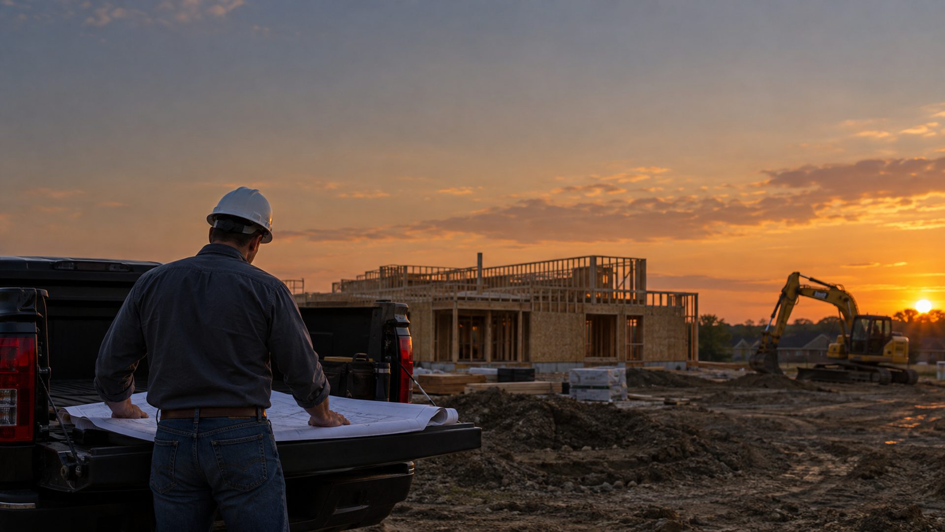 Contractor reviewing plans on a truck tailgate at sunset