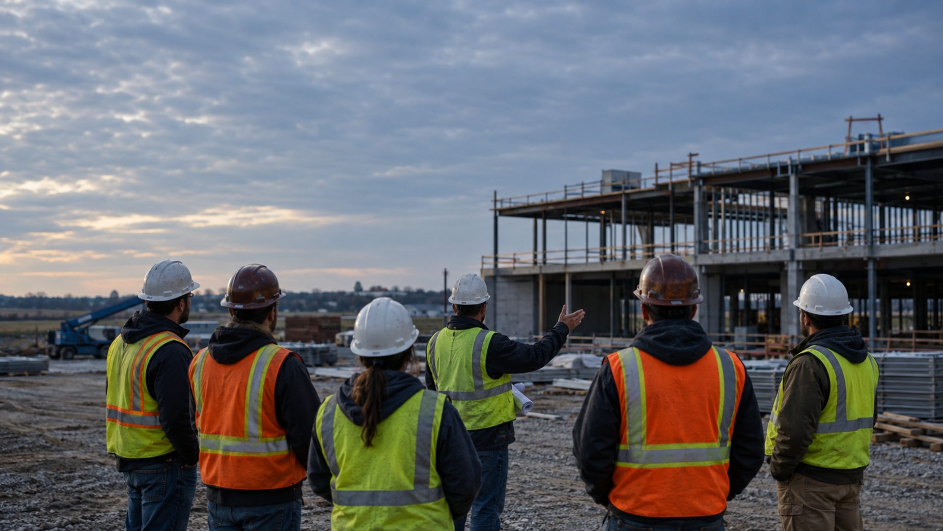 Construction crew in a morning toolbox meeting