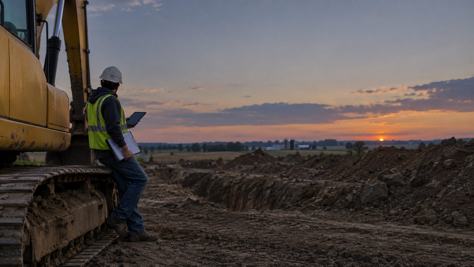 Excavation contractor with a tablet leaning on an excavator